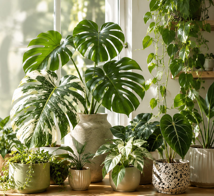 A sunlit window shelf of monstera, philodendron and trailing pothos in ceramic pots